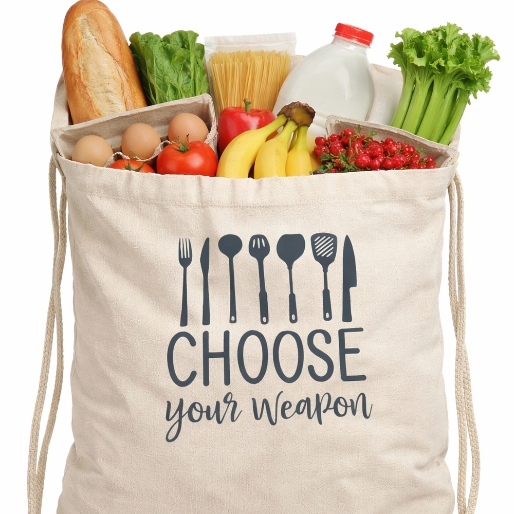 Funny Kitchen Drawstring Bag Choose Your Weapon Cooking Utensil Tote
